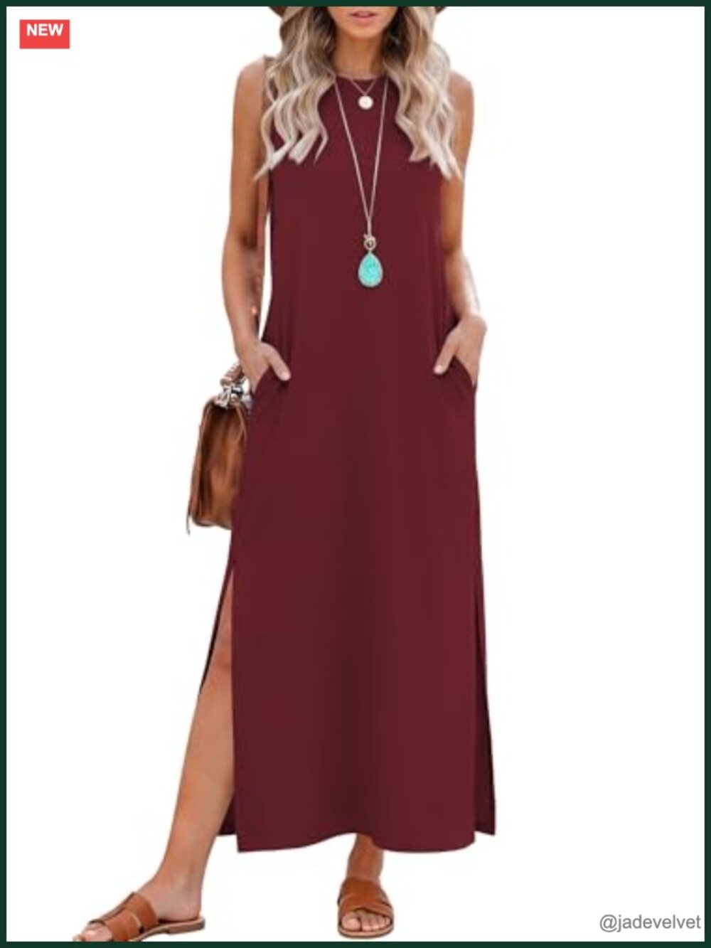 Casual Maxi Side Slit Long Dress with Pockets Sleeveless Crewneck Rayon Blend